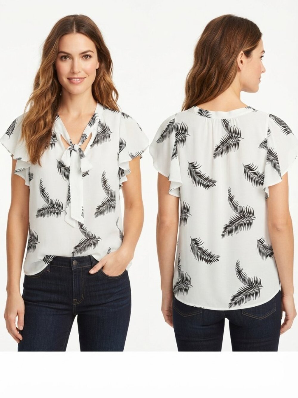 LOFT Women's Tropical Fern Print Flutter Sleeve Tie Neck Blouse Size M